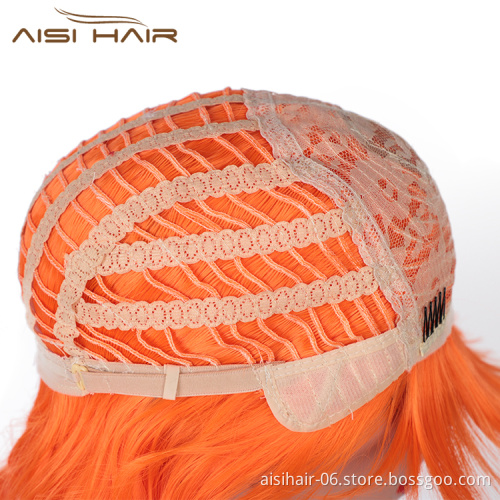 Aisi Hair Wholesale Top Quality Orange Short Bob Wig With Neat Bangs Synthetic Short Curly Wave Wigs For Black Women